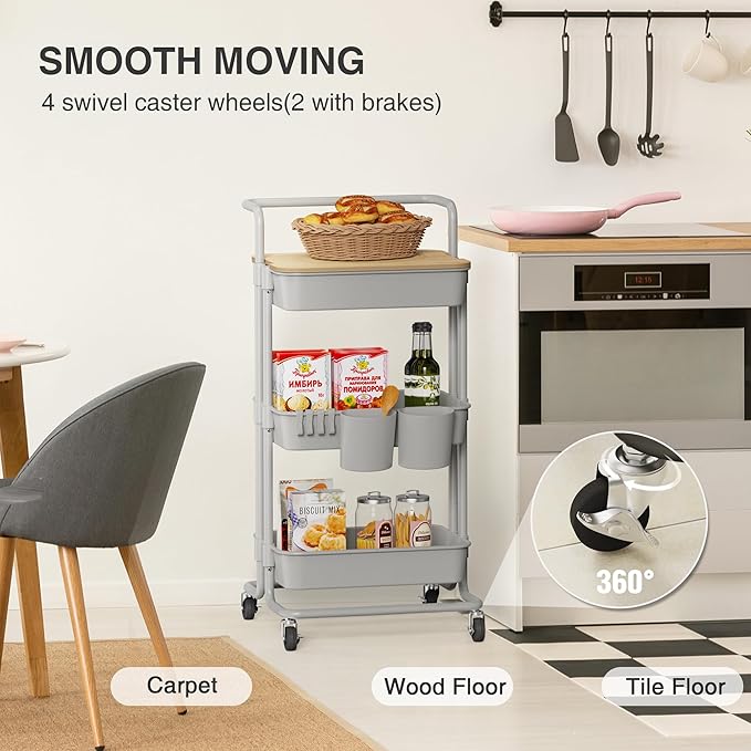 DTK 3 Tier Rolling Utility Cart with Cover Top Board, Movable Kitchen Storage Cart Trolley with Lockable Wheels, Cups, Hooks for Kitchen Bathroom Home Office Art Craft Storage and Organization(Grey) - LeafyLoom