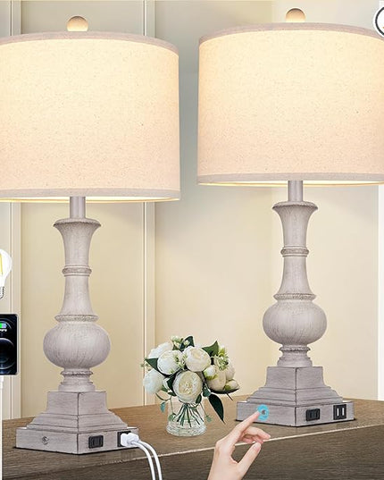 26" Farmhouse Table Lamps Set of 2, Rustic Touch Control Bedside Lamps with 2 USB Ports & AC Outlet, Vintage Resin 3-Way Dimmable Nightstand Lamp Linen Fabric Shade for Living Room Bedroom Decor Gray - LeafyLoom