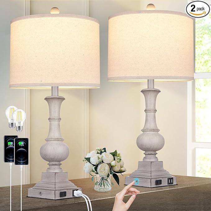 26" Farmhouse Table Lamps Set of 2, Rustic Touch Control Bedside Lamps with 2 USB Ports & AC Outlet, Vintage Resin 3-Way Dimmable Nightstand Lamp Linen Fabric Shade for Living Room Bedroom Decor Gray - LeafyLoom