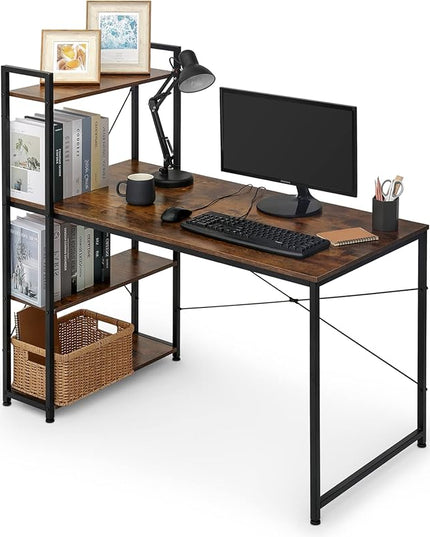 MoNiBloom Computer Desk with 4 Tier Storage Shelves, 47 Inches Home Office Study Writing Desks with Display Bookshelf, Rustic Brown - LeafyLoom