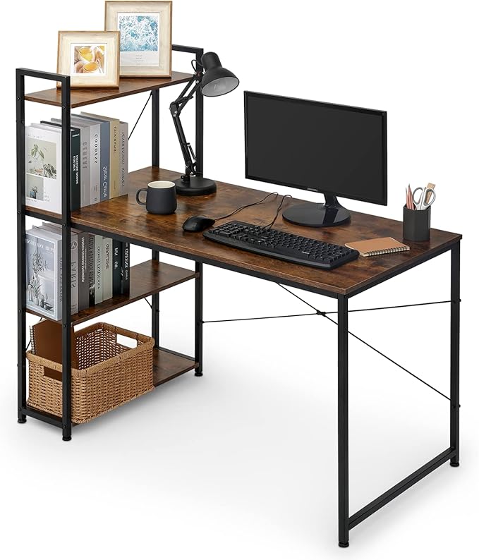 MoNiBloom Computer Desk with 4 Tier Storage Shelves, 47 Inches Home Office Study Writing Desks with Display Bookshelf, Rustic Brown - LeafyLoom