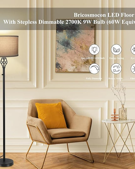 Floor Lamps for Living Room, Standing Lamp for Bedroom, Modern Floor Lamp with Gray Linen Shade, Rotary Switch, 2700K 10W Bulb Included, Stepless Dimmable Floor lamp, Classic Tall Lamp for Office - LeafyLoom
