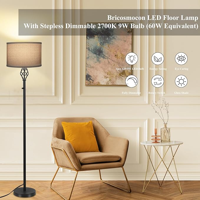 Floor Lamps for Living Room, Standing Lamp for Bedroom, Modern Floor Lamp with Gray Linen Shade, Rotary Switch, 2700K 10W Bulb Included, Stepless Dimmable Floor lamp, Classic Tall Lamp for Office - LeafyLoom