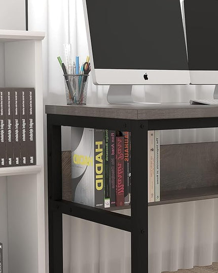 TOPSKY Computer Desk with Bookshelf/Metal Hole Cable Cover 1.18" Thick Desk (Light Walnut, 55") - LeafyLoom