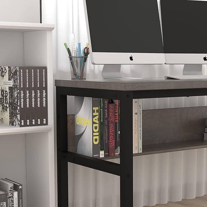TOPSKY Computer Desk with Bookshelf/Metal Hole Cable Cover 1.18" Thick Desk (Light Walnut, 55") - LeafyLoom