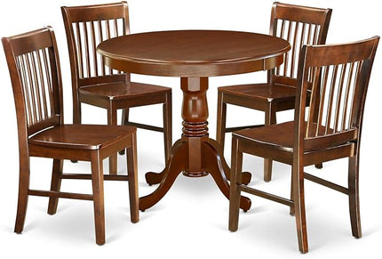 East West Furniture Antique 5 Piece Set Includes a Round Dining Room Table with Pedestal and 4 Wood Seat Chairs, 36x36 Inch, Mahogany - LeafyLoom