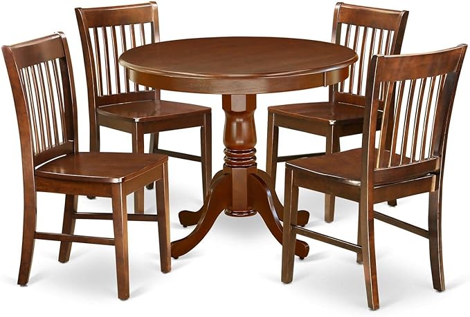 East West Furniture Antique 5 Piece Set Includes a Round Dining Room Table with Pedestal and 4 Wood Seat Chairs, 36x36 Inch, Mahogany - LeafyLoom