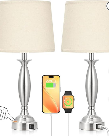Beige Lamps for Bedrooms Set of 2 - Touch Control Bedside Lamp with USB C+A, 3 Way Dimmable Nightstand Lamps with USB Port, Table Lamp for Living Room(Beige Shade and Nickel Base) - LeafyLoom
