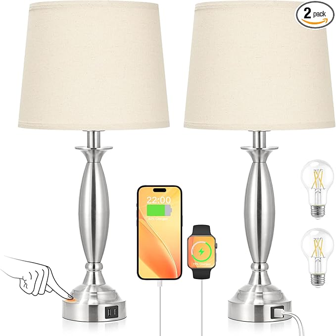 Beige Lamps for Bedrooms Set of 2 - Touch Control Bedside Lamp with USB C+A, 3 Way Dimmable Nightstand Lamps with USB Port, Table Lamp for Living Room(Beige Shade and Nickel Base) - LeafyLoom