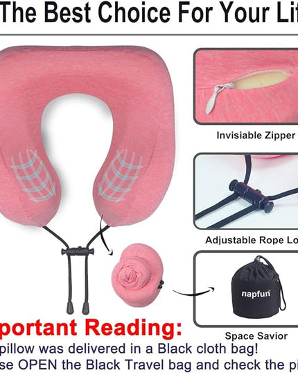 napfun Neck Pillow for Traveling, Upgraded Travel Neck Pillow for Airplane 100% Pure Memory Foam Travel Pillow for Flight Headrest Sleep, Portable Plane Accessories, Rose - LeafyLoom