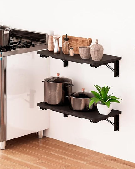 TEAMIX Wall Mounted Folding Table, Black Floating Desk for Small Spaces, Drop Leaf Dining Table for Kitchen Fold Down Laundry Shelf with Heavy-Duty Brackets - LeafyLoom