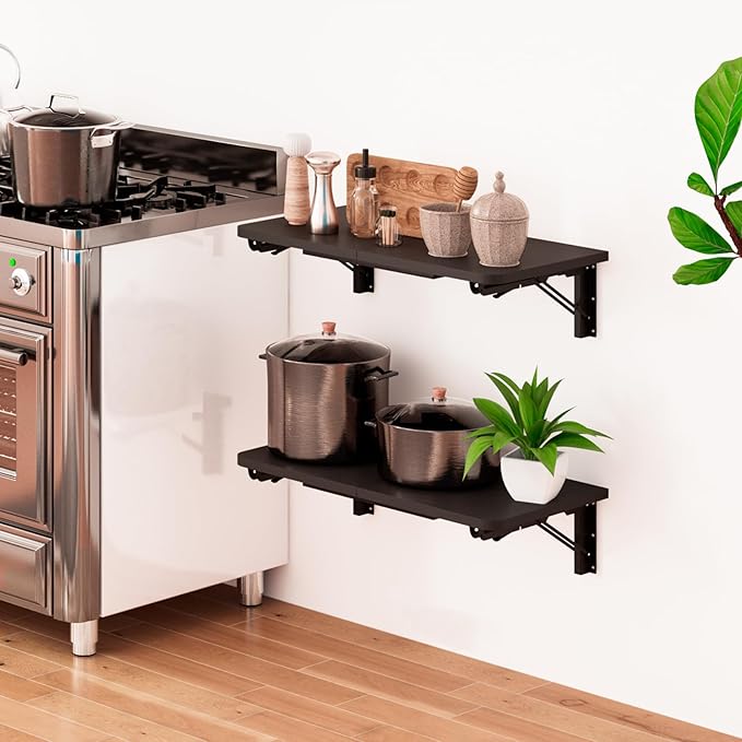 TEAMIX Wall Mounted Folding Table, Black Floating Desk for Small Spaces, Drop Leaf Dining Table for Kitchen Fold Down Laundry Shelf with Heavy-Duty Brackets - LeafyLoom