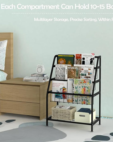 Kids Bookshelf Freestanding for Children Room 18 Inches Black Metal Bookcase Large Capacity Books Toys Organizer Stable 5 Tiers Kids Book Rack for Playroom Bookstore Library. - LeafyLoom