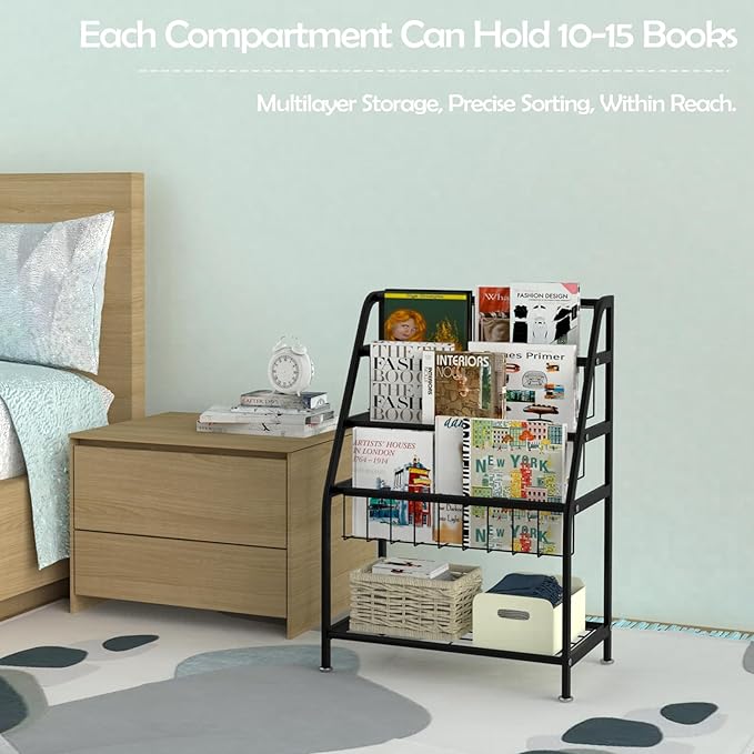 Kids Bookshelf Freestanding for Children Room 18 Inches Black Metal Bookcase Large Capacity Books Toys Organizer Stable 5 Tiers Kids Book Rack for Playroom Bookstore Library. - LeafyLoom