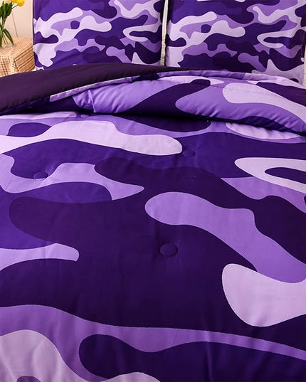 Meeting Story Camouflage Bedding Set, Colorful Pattern Queen Camouflage Comforter Set, 3 PCS One Comforter and Two Pillowcases in One Bag, All Season Bedspread for Teens Adults (Purple, King) - LeafyLoom