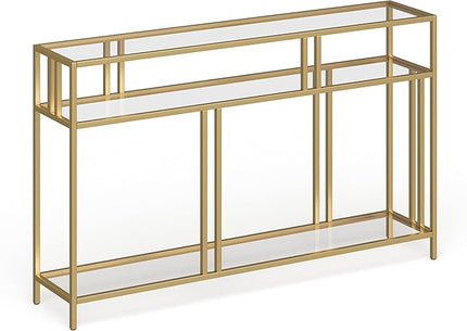 Henn&Hart 48" Wide Rectangular Console Table with Glass Shelves in Brass, Entryway Table, Accent Table for Living Room, Hallway - LeafyLoom