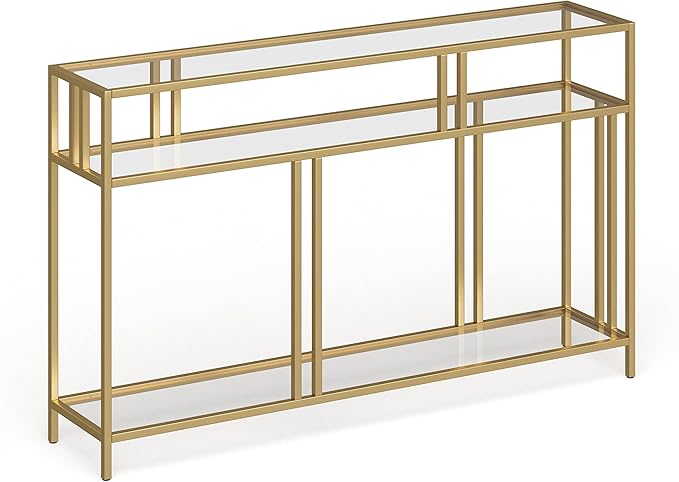 Henn&Hart 48" Wide Rectangular Console Table with Glass Shelves in Brass, Entryway Table, Accent Table for Living Room, Hallway - LeafyLoom