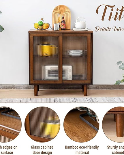 Tiita Bamboo Sideboard Buffet Cabinet, Rattan Kitchen Storage Cabinet, Boho Coffee Bar Tables for Kitchen Living Room Hallway Office, Walnut - LeafyLoom