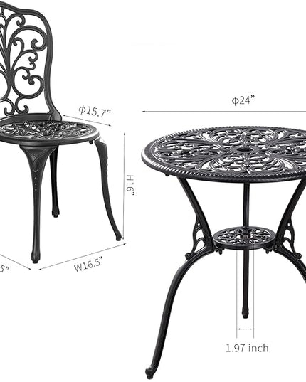 Outdoor Bistro Set 3 Piece Patio Bistro Set, Cast Aluminum Bistro Table and Chairs Set of 2, Small Patio Table Set for Porch, Black - LeafyLoom