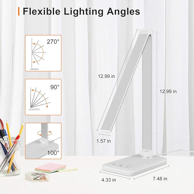 Linkstyle LED Desk Lamp, Table Light with USB Charging Port, Foldable Dimmable 5 Modes 10 Brightness Levels Touch Control Desk Light Auto Timer Eye Caring Book Reading Lamps for Home Office - LeafyLoom