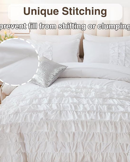 A Nice Night Waterfall Flutter Ruffle Comforter Set,Ruffled Textured Soft Chic Princess 6pcs Bedding Set,with Bling Shiny Sequin Throw Pillow Case,White,Full - LeafyLoom