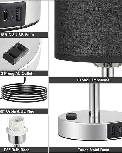Innqoo Black Touch Bedside Lamps Set of 2-3 Way Dimmable Bedroom Lamps with USB C and A Ports and Outlets, Modern Nightstand Lamp with Silver Base, Small Table Lamps for Boy Nursery - LeafyLoom