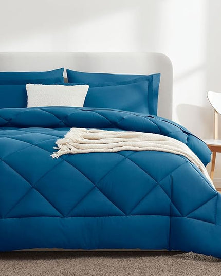 CozyLux Queen Bed in a Bag 7-Pieces Comforter Sets with Comforter and Sheets Teal All Season Bedding Sets with Comforter, Pillow Shams, Flat Sheet, Fitted Sheet and Pillowcases - LeafyLoom