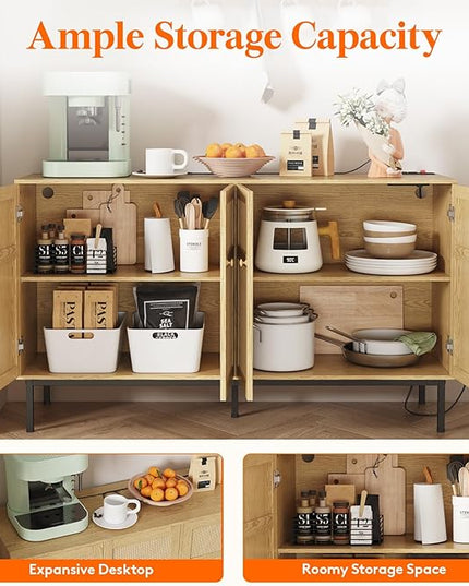 Lifewit Rattan Sideboard Buffet Cabinet, Console Table with Power Outlet, Credenza, Storage Cabinet, Coffee Bar Cabinet for Kitchen, Dining Room, Living Room, Entryway, 4 Doors, Natural - LeafyLoom