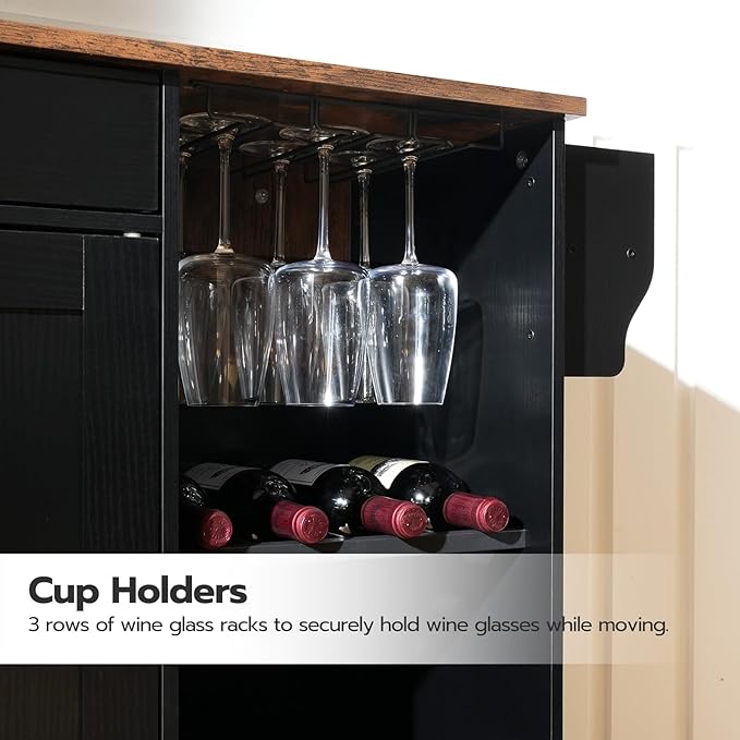 HOOBRO Kitchen Island with Storage, Rolling Kitchen Island with Folding Drop Leaf, Charging Station, Spice Rack, Drawer, Mobile Kitchen Island On Wheels, for Kitchen, Black and Rustic Brown BF95UZD01 - LeafyLoom