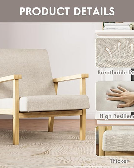 YESHOMY Mid-Century Modern Accent Chair with Solid Wood Frame and Thick Cushion for Living Room, Bedroom, Home Office, Set of 2, Beige - LeafyLoom