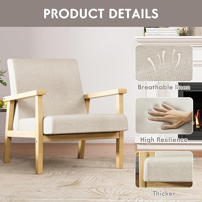 YESHOMY Mid-Century Modern Accent Chair with Solid Wood Frame and Thick Cushion for Living Room, Bedroom, Home Office, Set of 2, Beige - LeafyLoom