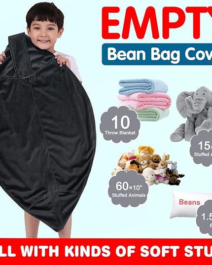 Lukeight Stuffed Animal Storage Bean Bag Chair Cover for Kids, Zipper Beanbag Chair Cover for Organizing Toddler & Kids' Rooms Plush Toys (Black, Large) - LeafyLoom