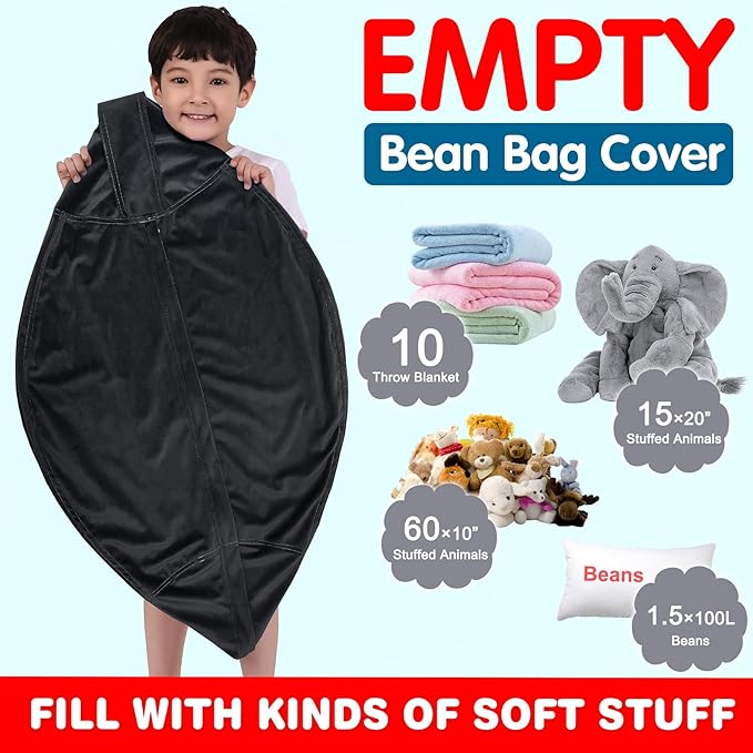 Lukeight Stuffed Animal Storage Bean Bag Chair Cover for Kids, Zipper Beanbag Chair Cover for Organizing Toddler & Kids' Rooms Plush Toys (Black, Large) - LeafyLoom