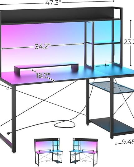 Cyclysio Gaming Desk with Hutch, 47'' Computer Desk with LED Lights & Power Outlets, Home Office Desk with Reversible 5 Tiers Storage Shelves & Monitor Stand, Small Gaming Table for Small Space, Black - LeafyLoom