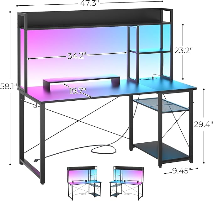Cyclysio Gaming Desk with Hutch, 47'' Computer Desk with LED Lights & Power Outlets, Home Office Desk with Reversible 5 Tiers Storage Shelves & Monitor Stand, Small Gaming Table for Small Space, Black - LeafyLoom