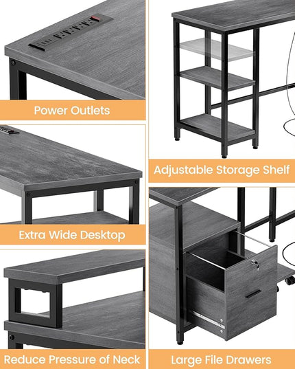 67" L Shaped Computer Desk with Drawers, Reversible Home Office Desk with Power Outlet, Adjustable Shelf and Mobile CPU Stand, Work Desk for 3 Installation Types, Corner Office Desk, Rustic Gray - LeafyLoom