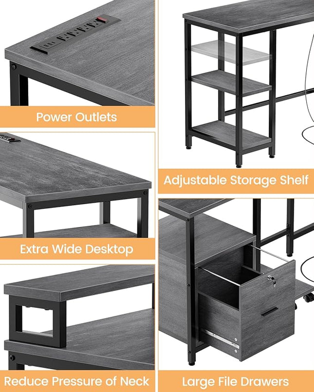 67" L Shaped Computer Desk with Drawers, Reversible Home Office Desk with Power Outlet, Adjustable Shelf and Mobile CPU Stand, Work Desk for 3 Installation Types, Corner Office Desk, Rustic Gray - LeafyLoom
