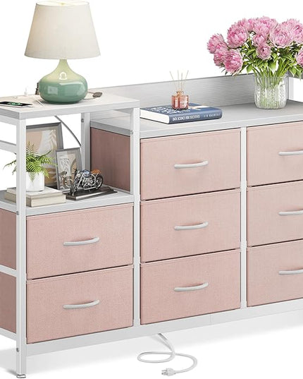 ODK Dresser with Charging Station, 52-Inch Long Dresser TV Stand for Bedroom, Large Dresser with 8 Storage Drawers, Chest of Drawers Easy-Pull Fabric Dressers for Living Room, White and Pink - LeafyLoom
