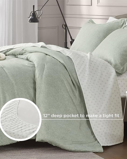 5 Pieces Twin Size Comforter Set with Sheets, Neutral Green Bed in a Bag, Modern Farmhouse Bedding Sets with Comforter, Flat & Fitted Sheet, Pillowcases & Shams - LeafyLoom
