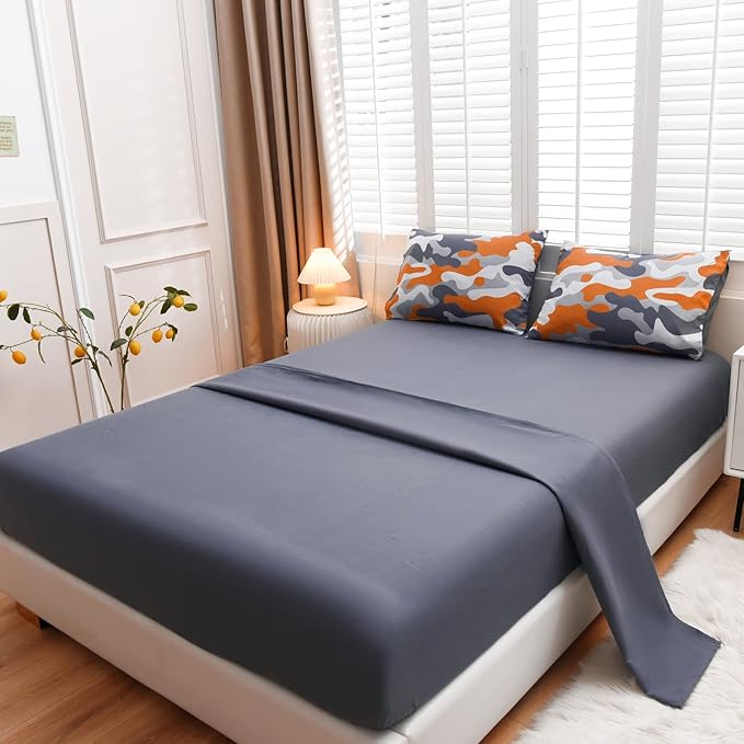 Meeting Story Camouflage Bedding Set, Colorful Pattern Style Comforter Set, 5 PCS One Comforter Two Pillowcases Two Sheets in One Bag, All Season Bedspread for Teens Adults (Orange, Full 5Pcs) - LeafyLoom