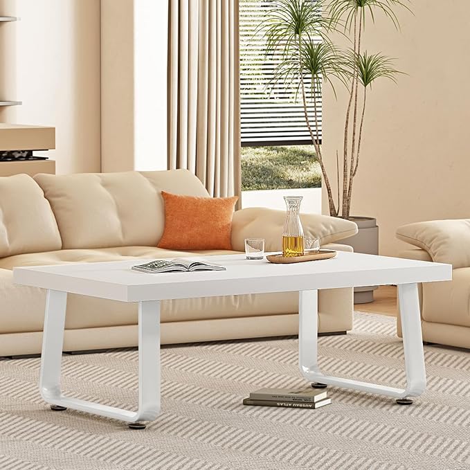 HSH White Coffee Table, Modern Simple Rectangle Living Room Table, Industrial Wood and Metal Legs Center Table for Bedroom, Farmhouse Minimalist Wooden Cocktail Tea Coffee Table, White Oak, 47 Inch - LeafyLoom