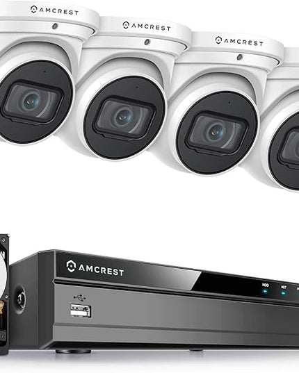 Amcrest 4K POE Security Camera System with 4K 8Ch PoE NVR (4) x 4K (8 Megapixel) Turret IP POE Cameras (3840x2160) Pre Installed 2TB Hard Drive NV4108E-IP8M-T2599EW4-2TB Amcrest