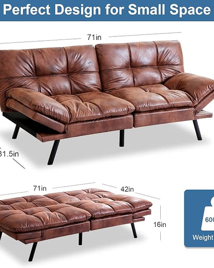 MUUEGM Futon Couch Bed Sleeper Convertible Modern Memory Foam Love seat,Faux Leather Foldable Daybed for Living Room Office Apartment,Adjustable Armrest&Backrest Sofas, Light Brown - LeafyLoom