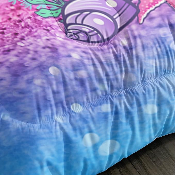 Mermaid Butterfly Comforter Set Queen Size Fairy Tale Sea Shell Grass Bedding Set Colorful Rainbow Quilt Bed Set for Kid Girls with 1 Comforter and 2 Pillowcases - LeafyLoom