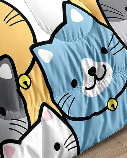 Kids Cat Comforter Set - Cat Comforter - Queen Size Comforter Set for Kids Kawaii Cat Bedding Set Cartoon Cats Print Bedding Sets for Girls Kids Cute Cat Quilt Sets with 2 Pillowcases - LeafyLoom