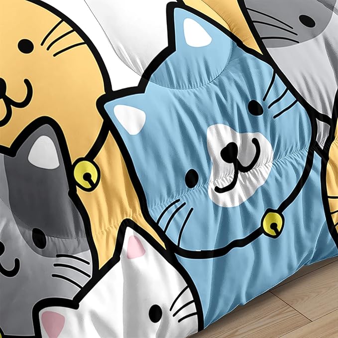 Cat Comforter Set - Cute Cat Comforter - Full Size Comforter Set for Kids Kawaii Cat Bedding Set Cartoon Cat Print Bedding Sets for Girls Room Kids Cat Quilt Sets with 2 Pillowcases - LeafyLoom
