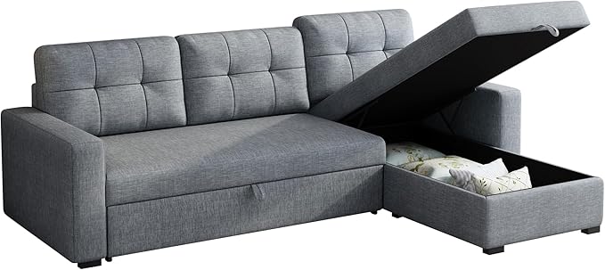 Upholstered Pull Out Sectional Sofa with Storage Chaise,Convertible Linen Corner Couch w/ 3 Movable Back Cushions,L-shaped Reversible Sleeper Sofa Bed,for Living Room Apartment,Light Grey - LeafyLoom