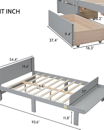 Full Bed with Footboard Bench, Full Kid Bed with Headboard, Wood Slat Support, Cute Kid Bed Frame with Book Storage Space, Full Car Bed for Boys Girls Bedroom, No Box Spring Needed, Grey - LeafyLoom