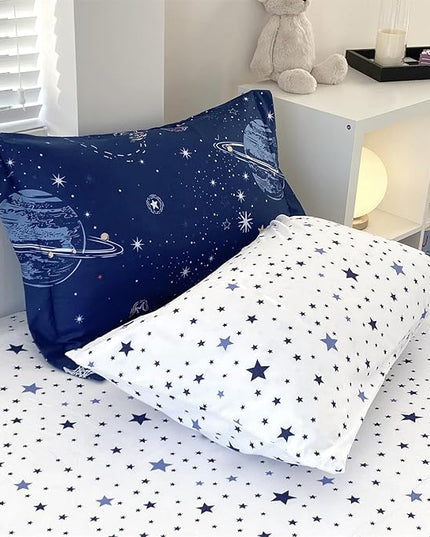 7 Piece Boys Space Comforter Set Twin Size Bed in A Bag Star Rocket Galaxy Universe Planets Bedding Set for Kids Teens Girls Microfiber Blue Quilt All Season - LeafyLoom