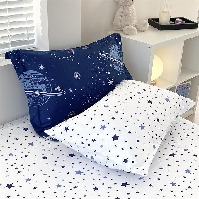 7 Piece Boys Space Comforter Set Full Size Bed in A Bag Star Rocket Galaxy Universe Planets Bedding Set for Kids Teens Girls Microfiber Blue Quilt All Season - LeafyLoom